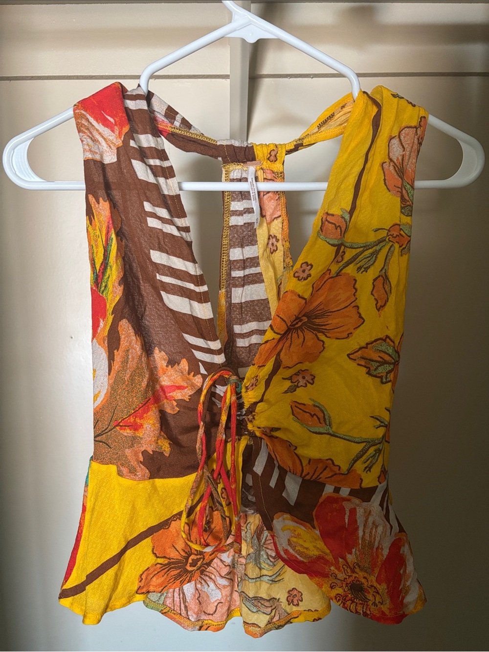 Free People Vibrant Floral Yellow & Brown Tie-Front Halter Top